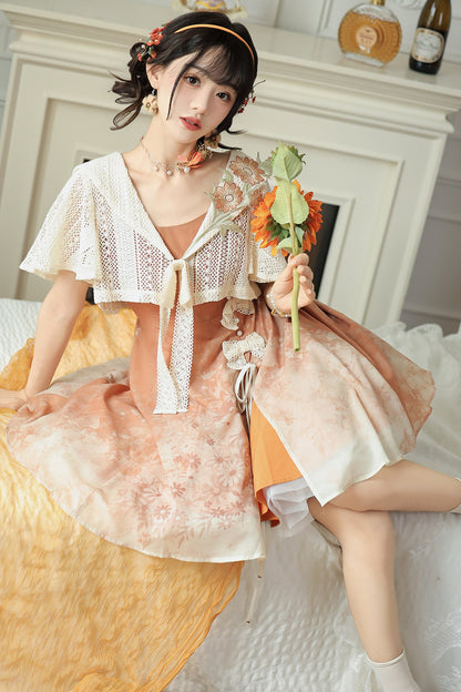 Sonnenbeschienenes Blüten-Hanfu-Kleid-und-Umhang-Set