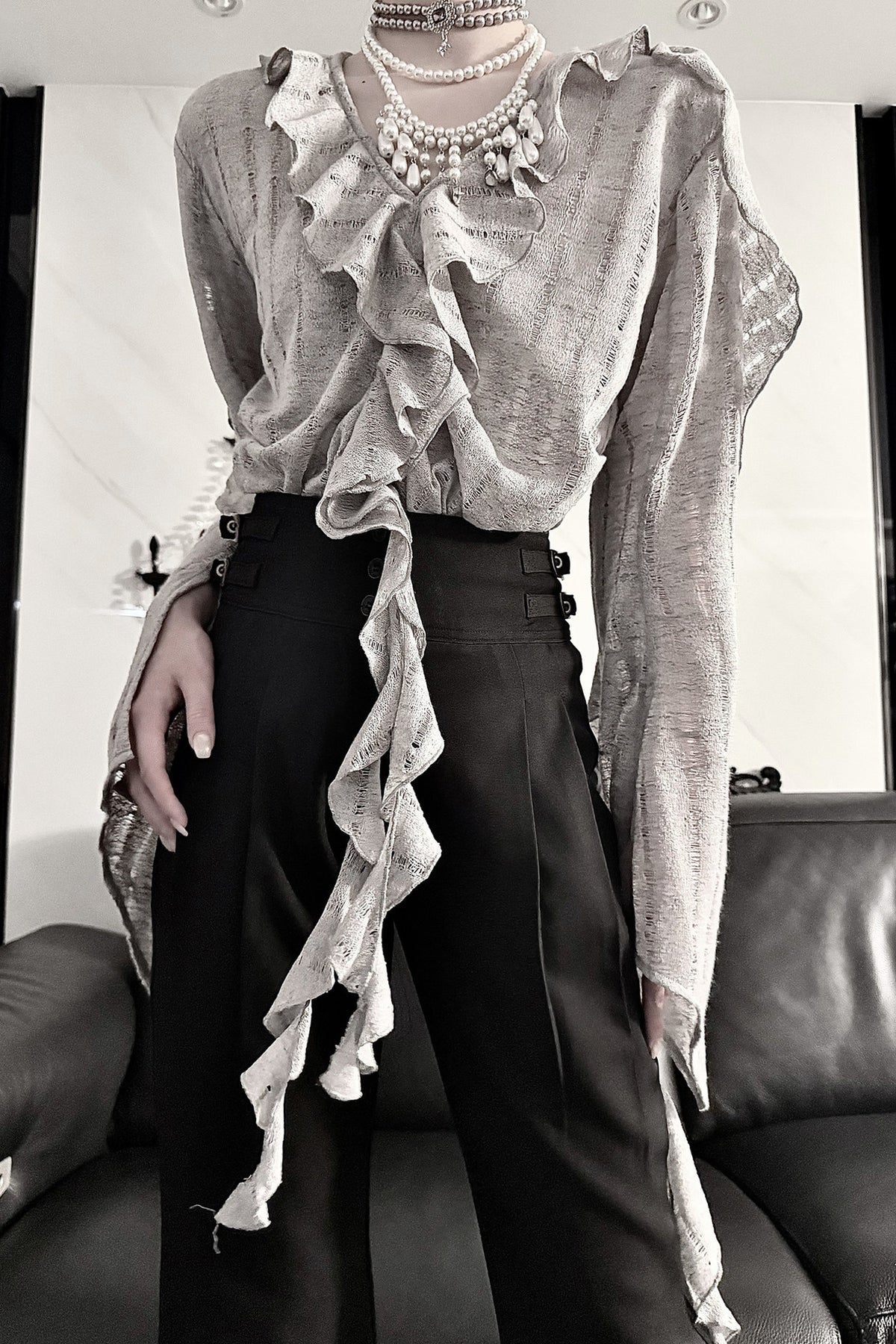 Ruffle V-Neck Lace Blouse