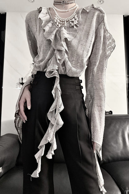 Ruffle V-Neck Lace Blouse