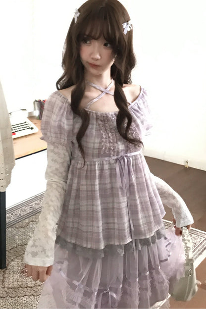Plaid Lace Halter Top and Mesh Skirt Set