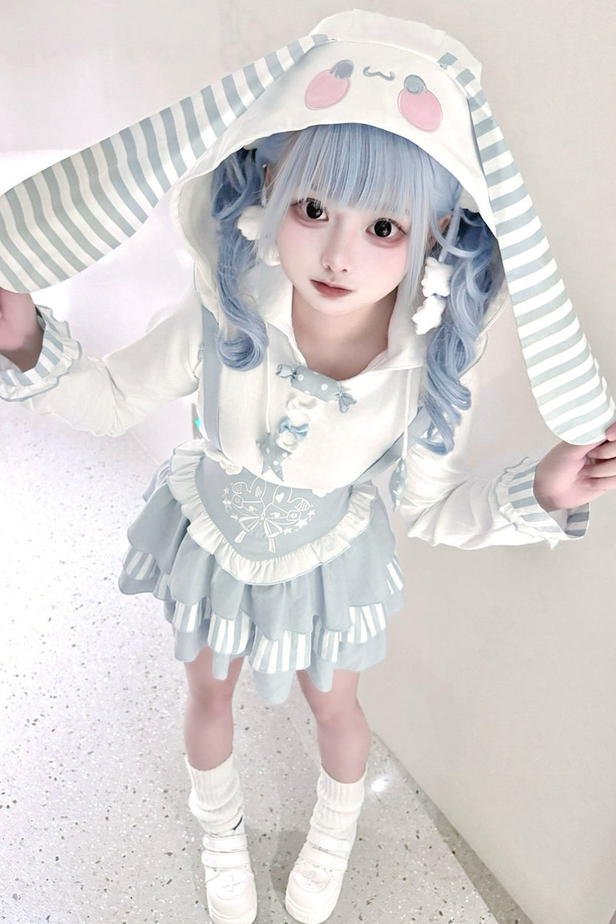 Bunny Ear Hooded Sweatshirt Suspender Skirt With Top Set-Up