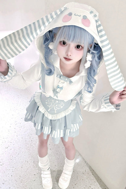 Bunny Ear Hooded Sweatshirt Suspender Skirt With Top Set-Up
