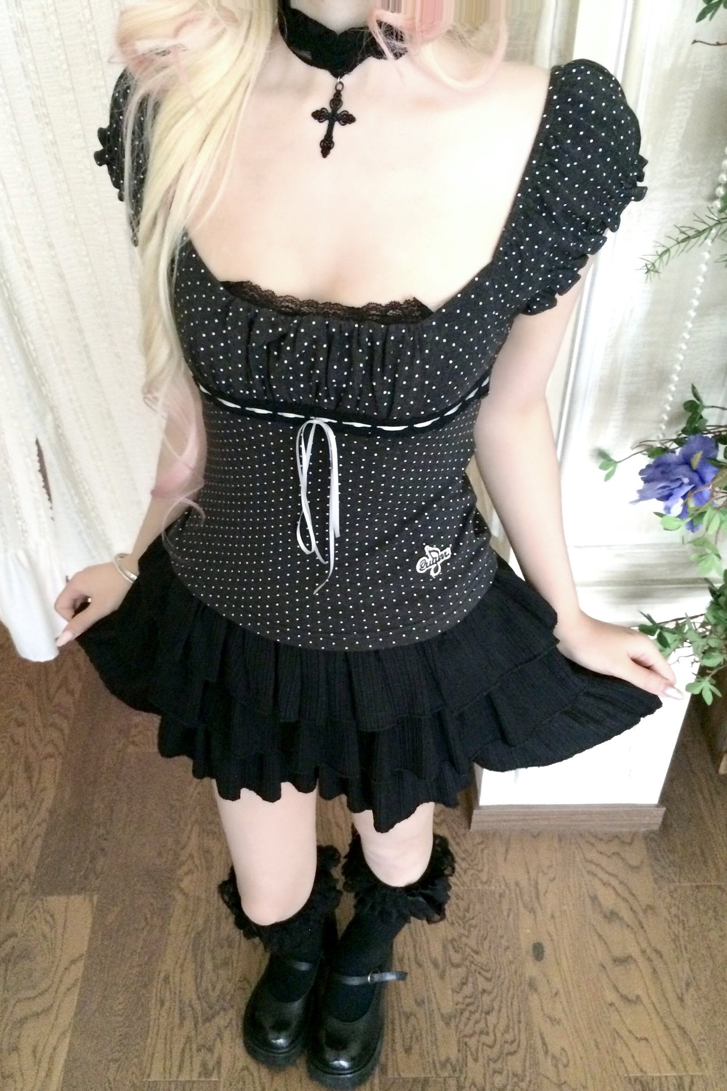 Polka Dot Lace Trim Tie-Up T-Shirt and Ruffle Skirt Set