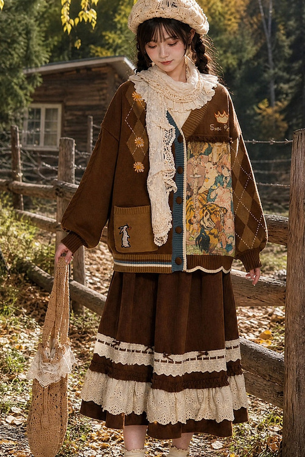 Vintage Oil Painting Knit Cardigan And Skirt