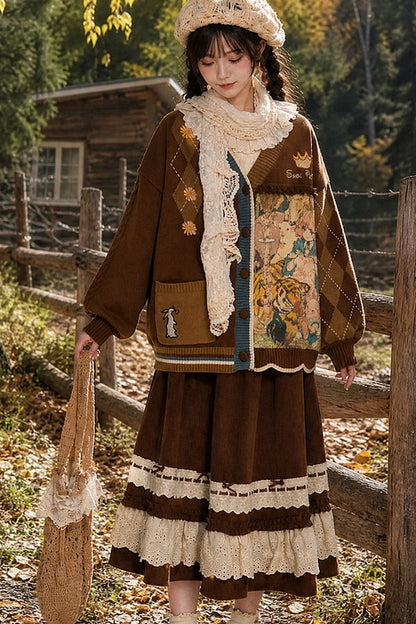 Vintage Oil Painting Knit Cardigan And Skirt