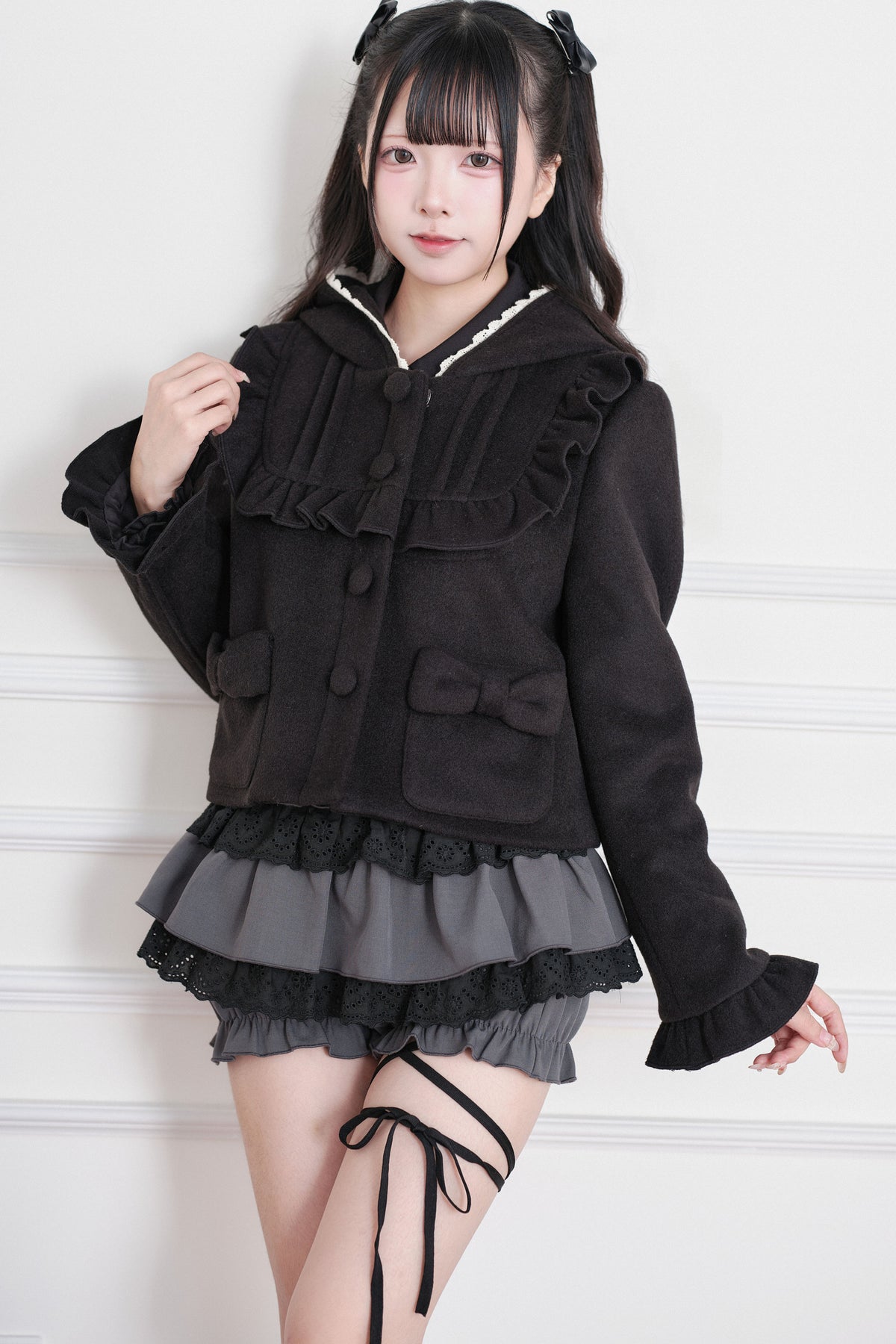 Ruffle Hooded Wool Jacket