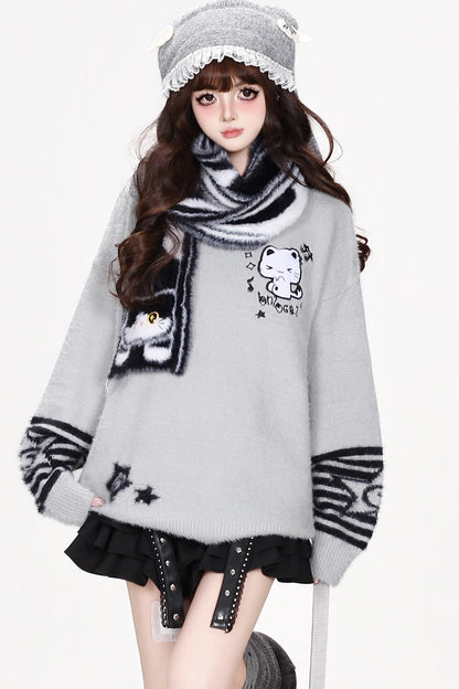 Cat Striped Knit Pullover Sweater
