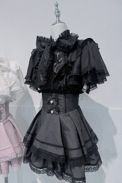 Lace Butterfly-Sleeve Blouse+Skirt