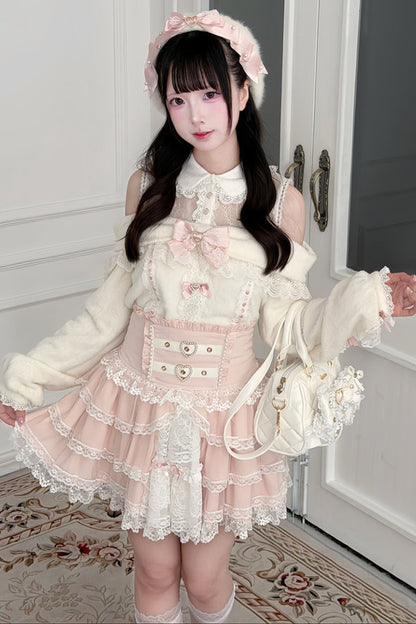 Style Lace Plush Off-Shoulder Sweater With Skirt and Top Set-Up
