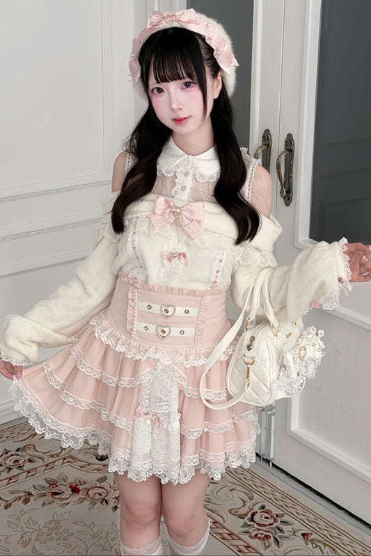 Style Lace Plush Off-Shoulder Sweater With Skirt and Top Set-Up