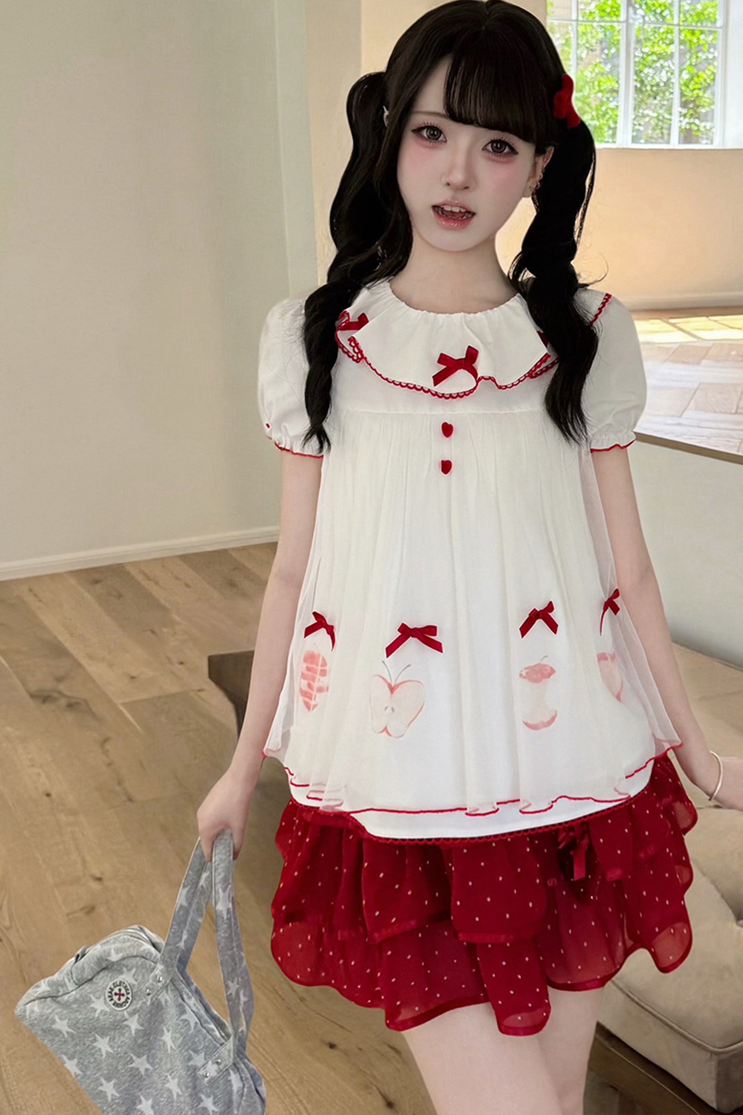 Loose Colorblock Apple Print Babydoll Top and Skirt Set-Up