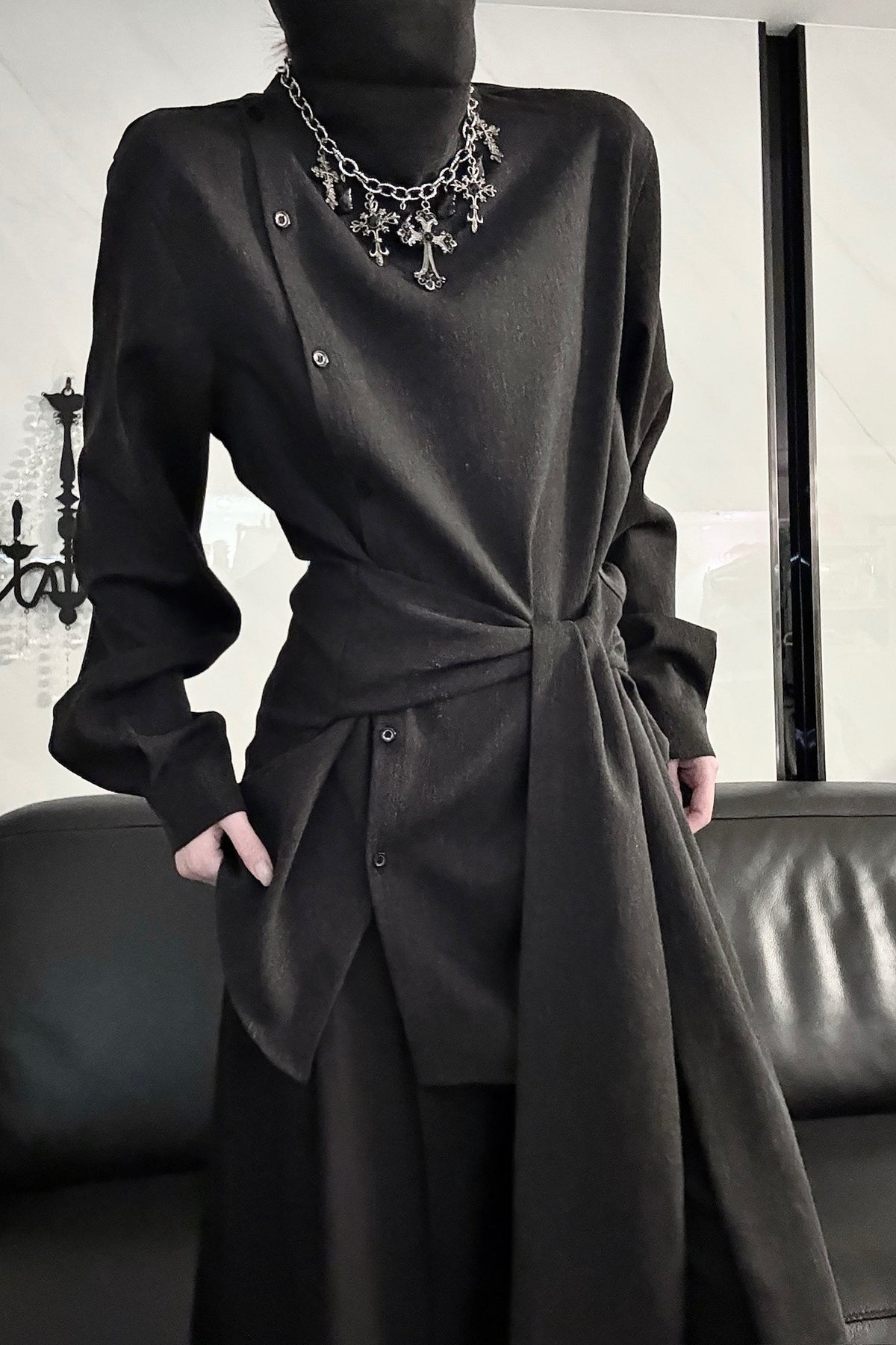 Deconstructed Asymmetrical Placket Tie-Waist Shirt