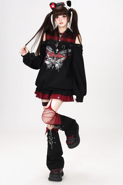 Plaid Butterfly Print Loose Sweatshirt