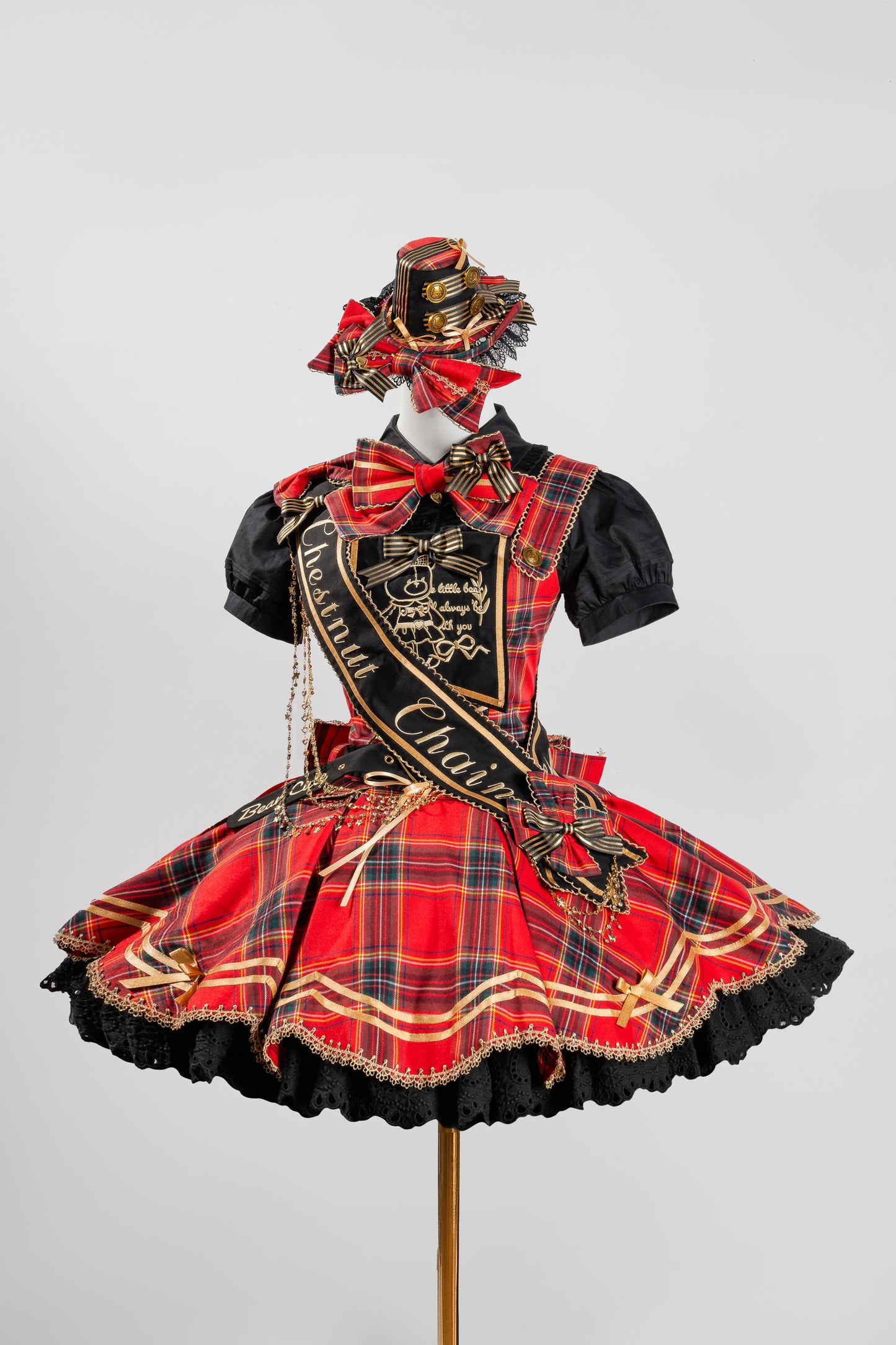 [Vorbestellung bis 18. Juli] Blau/Rot/Grün Idol-Lolita-Vintage-Karo-Goldbär-Schleifen-Spitzen-JKS-Kleid-Set 1/2/3 + Halsschleife