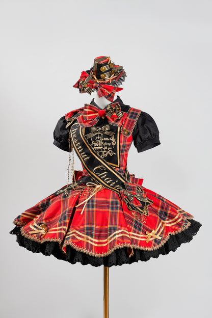 [Vorbestellung bis 18. Juli] Blau/Rot/Grün Idol-Lolita-Vintage-Karo-Goldbär-Schleifen-Spitzen-JKS-Kleid-Set 1/2/3 + Halsschleife