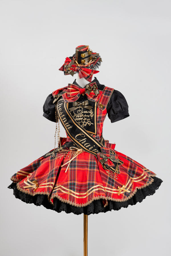 [Pre-order Deadline: July 18] Blue/Red/Green Idol Lolita Vintage Plaid Gold Bear Ribbon Lace JKS Dress Set 1/2/3 + Neck Ribbon