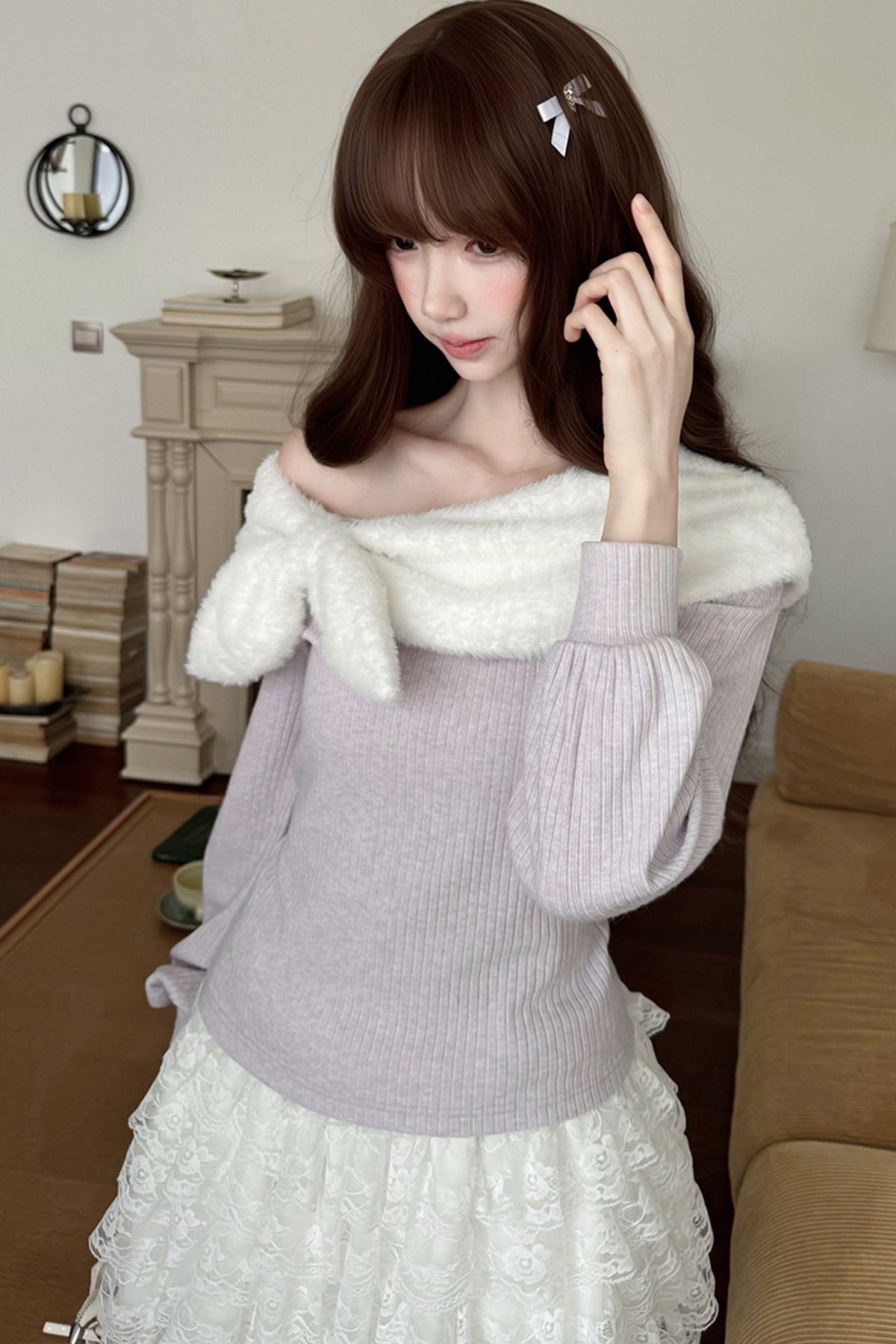 Fliederfarbenes Stricktop und Rock-Set