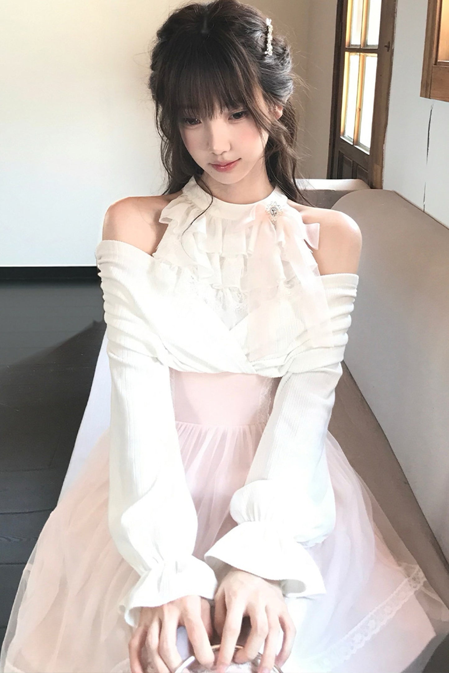 Layered-Look Halter Off-Shoulder Mesh Dress