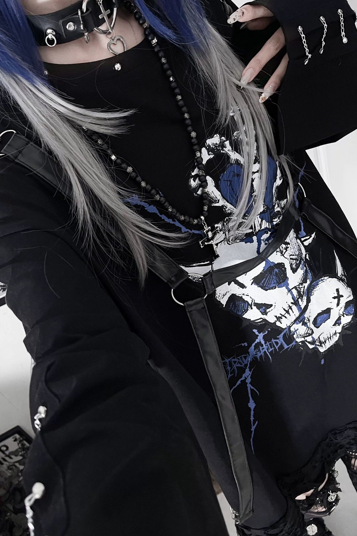 Belt Spliced Subculture Print Long-Sleeve T-Shirt
