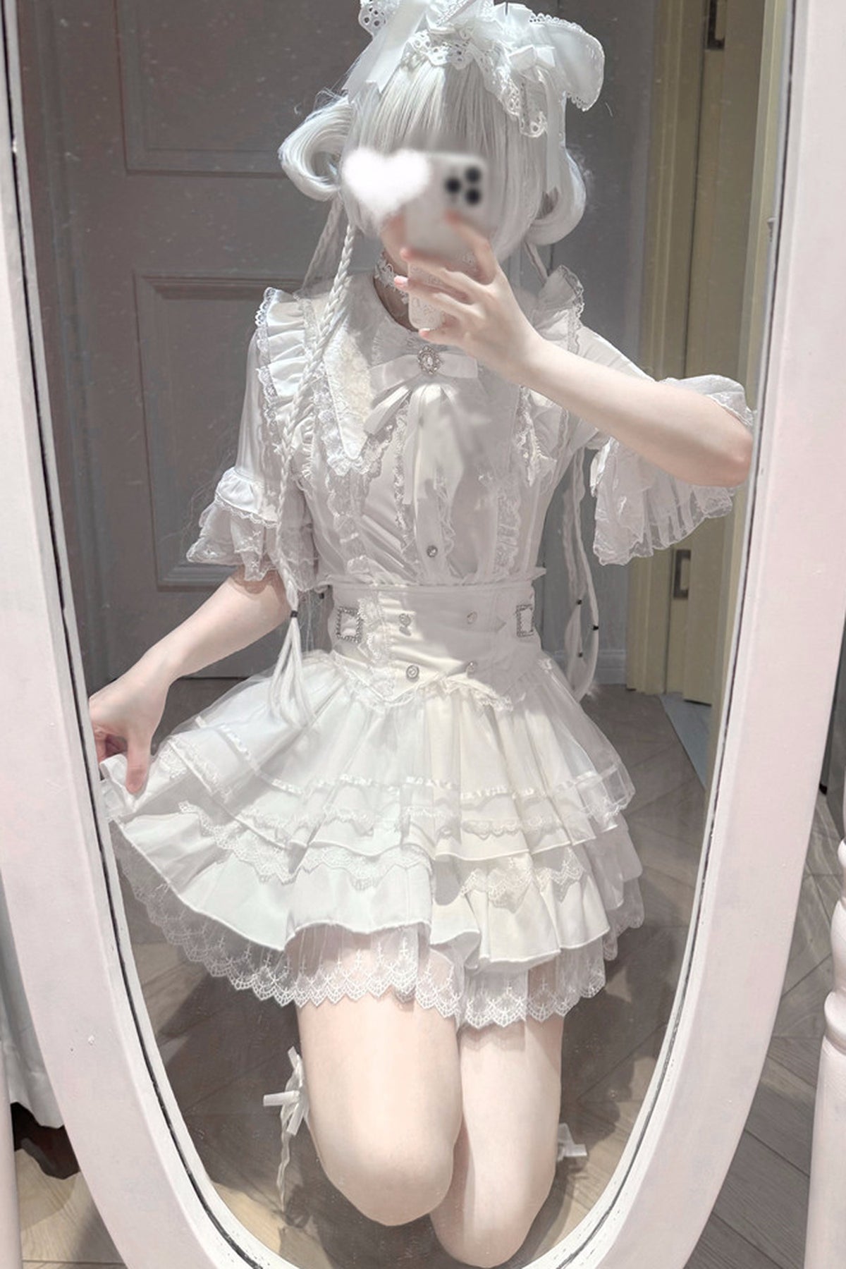 Cherry Short-Sleeved Lace Collar Shirt and Skirt Set-Up