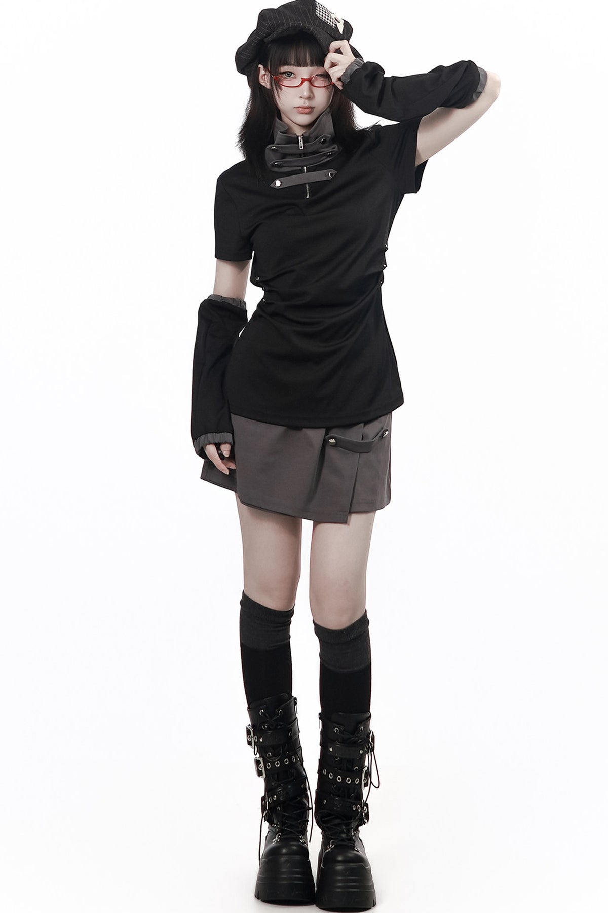 Black and Gray Stand-Up Collar Summer Short Skirt Set-Up