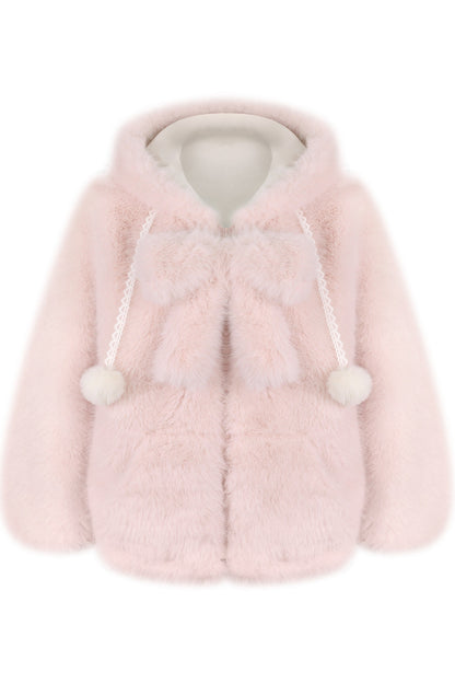 Pink Plush Jacket with Bow Brooch and Cake Skirt Set