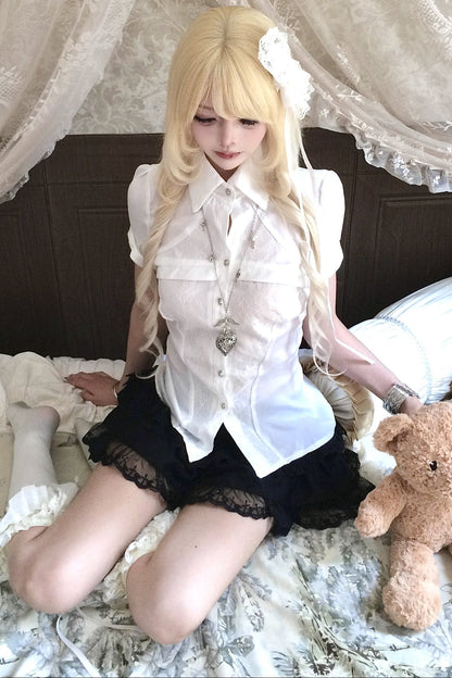 White Short-Sleeved Lace Waist-Cinching Shirt