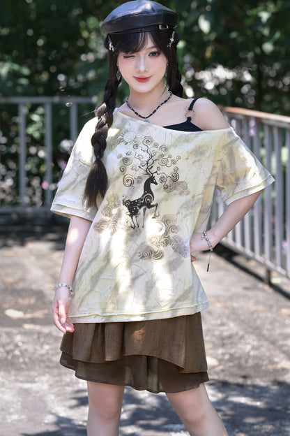 小鹿プリントオフショルTシャツ