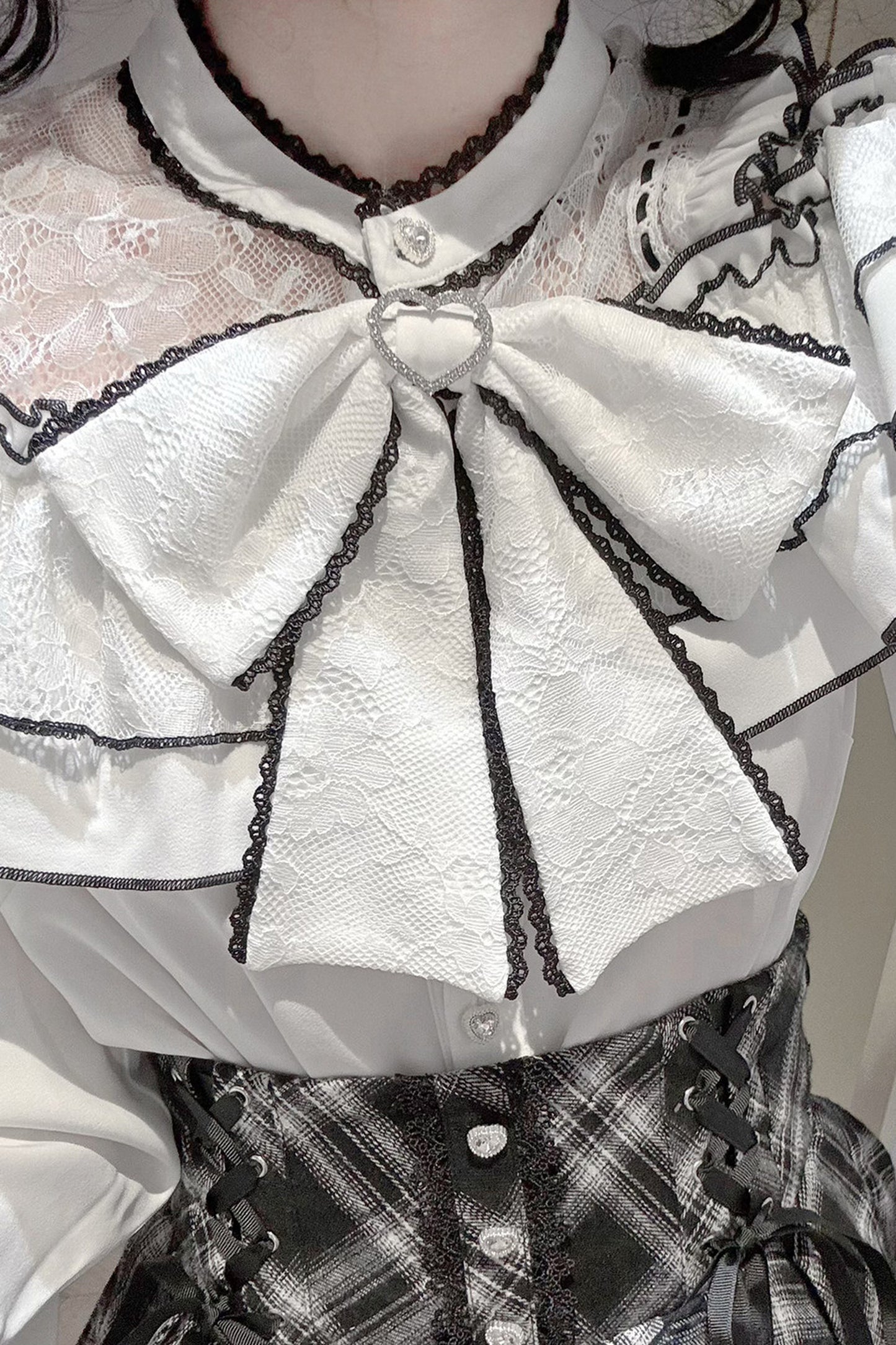 Long-Sleeved Lace Plaid Half Skirt and Top Set-Up