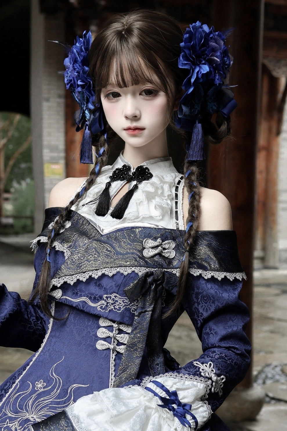 [Reservierungsschluss 109] Dunkelblaue und weiße Gothic-Chinese-Lolita-Accessoire-Serie mit gesticktem neunschwänzigem Fuchs
