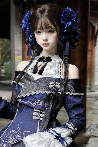 [Reservierungsschluss 109] Dunkelblaue und weiße Gothic-Chinese-Lolita-Accessoire-Serie mit gesticktem neunschwänzigem Fuchs