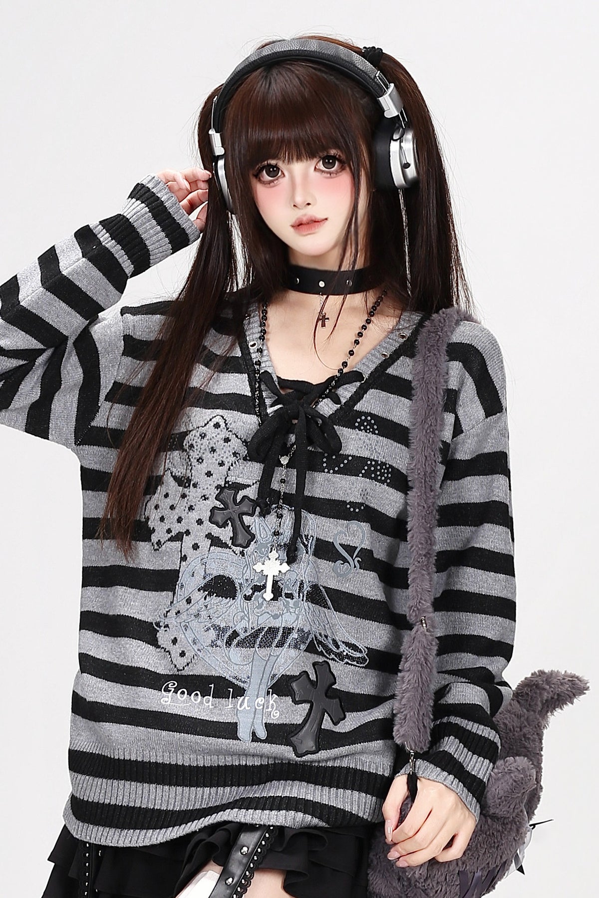 Strappy V-Neck Striped Pullover Sweater