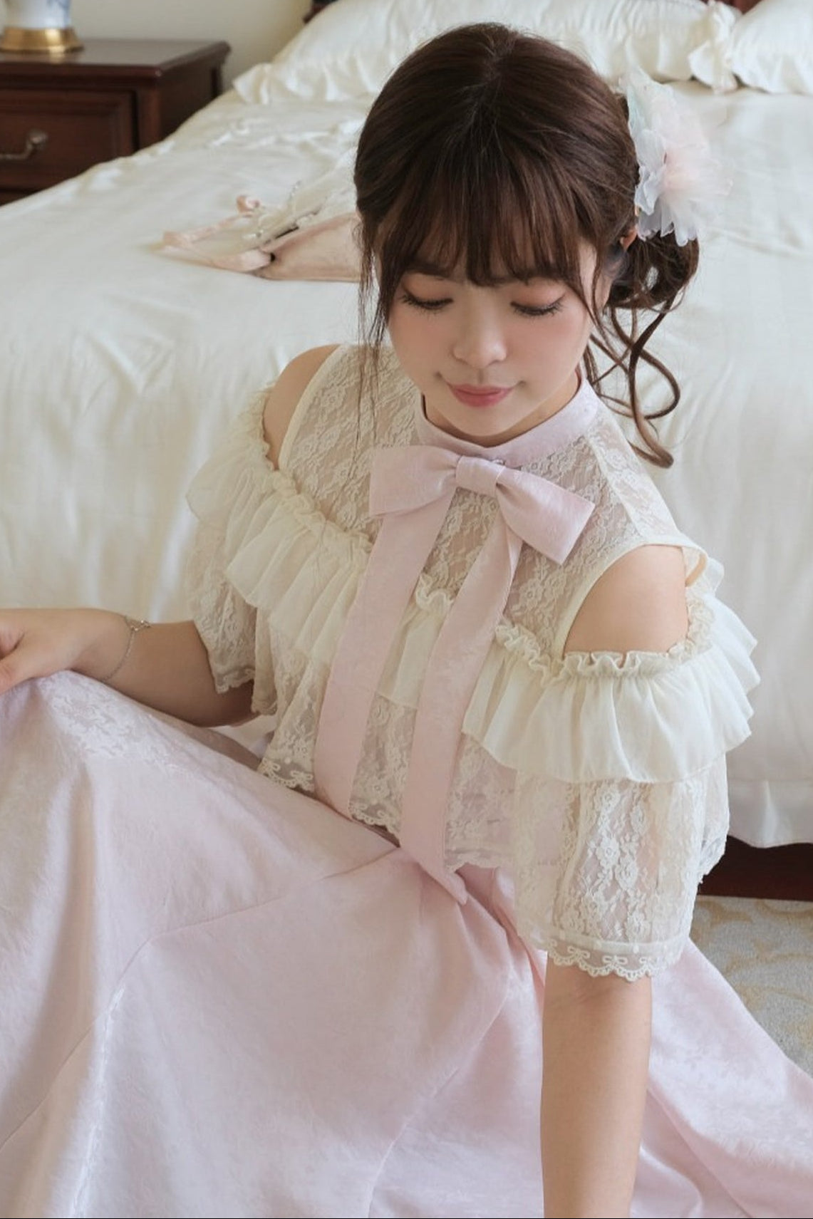 レースフリル清楚系ピンクロングワンピース
