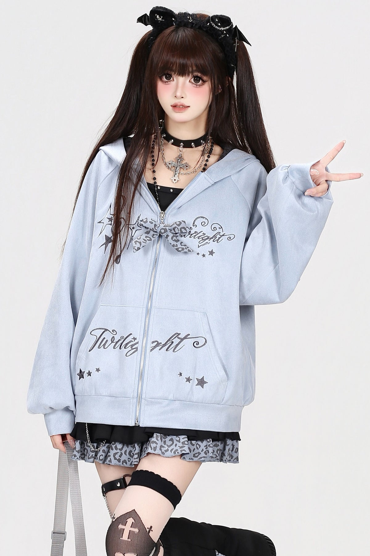 Leopard Musical Note Embroidery Hooded Jacket