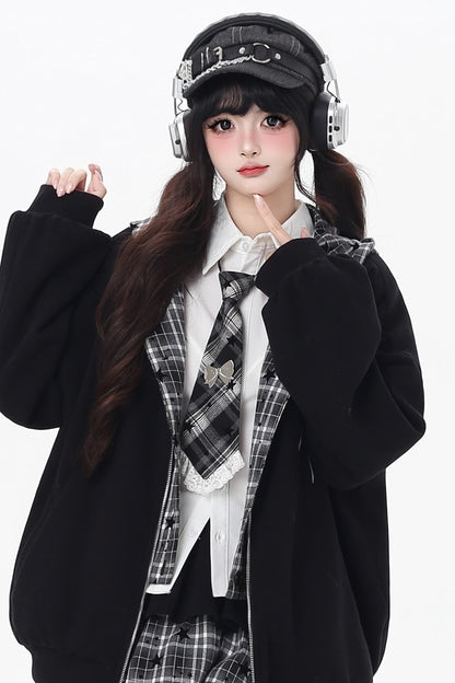 Plaid Rabbit Ear Embroidered Hooded Jacket