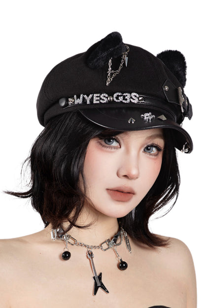 바이오닉 캣 펑크 리벳 고양이 귀 베레모