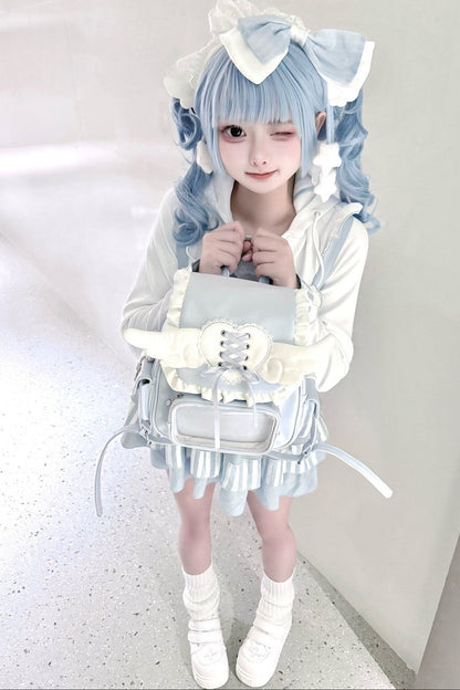 Bunny Ear Hooded Sweatshirt Suspender Skirt With Top Set-Up
