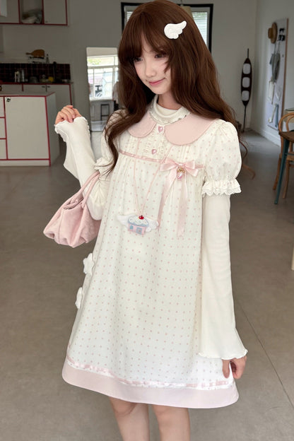 Polka Dot Doll Collar Puff Sleeve Dress