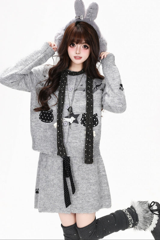 Embroidered Musical Notation Short Knitted Cardigan Skirt Set-Up
