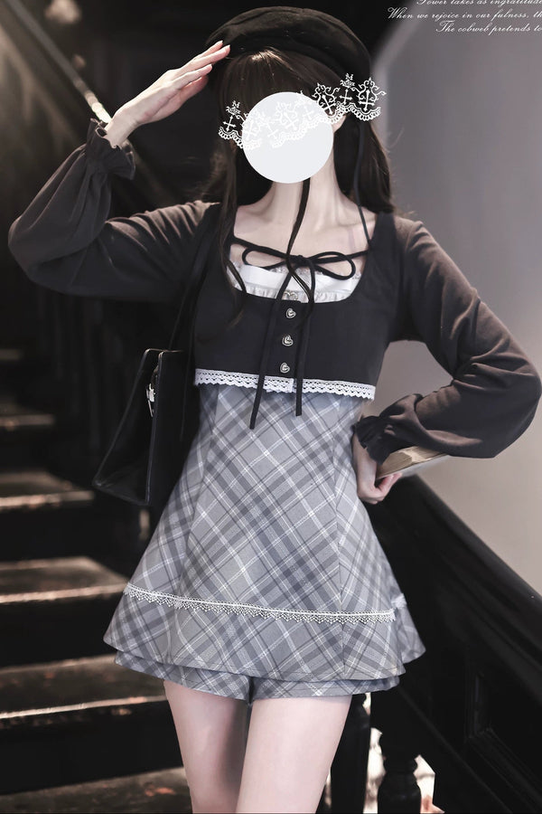 Knit Cardigan And Plaid Suspender Dress Set-Up