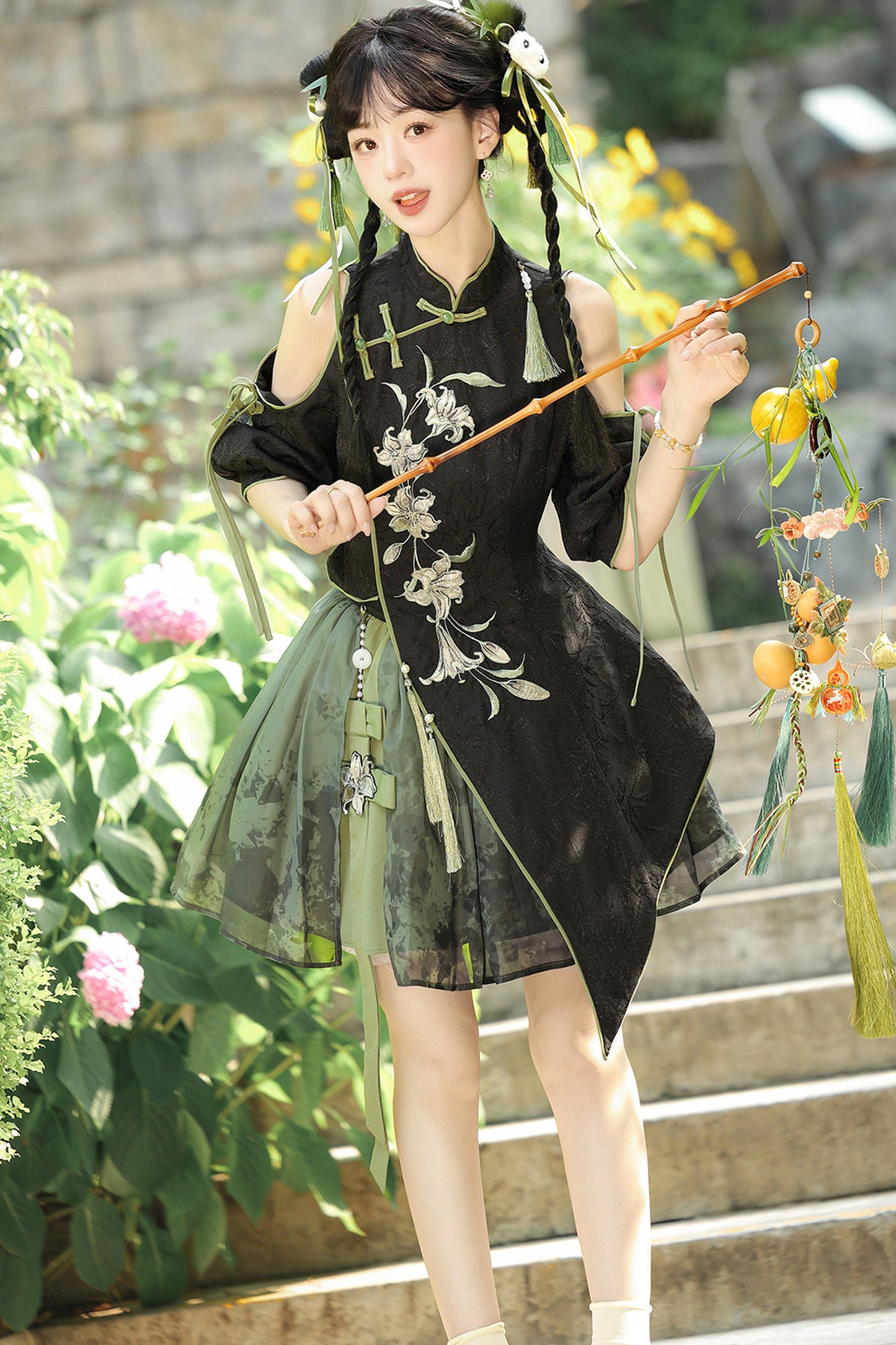 Floral Gothic Asymmetric Cheongsam Dress + Skirt
