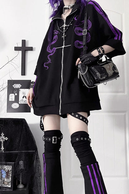 Double Snake Embroidery Zipper Tang Suit Blouse Set-Up