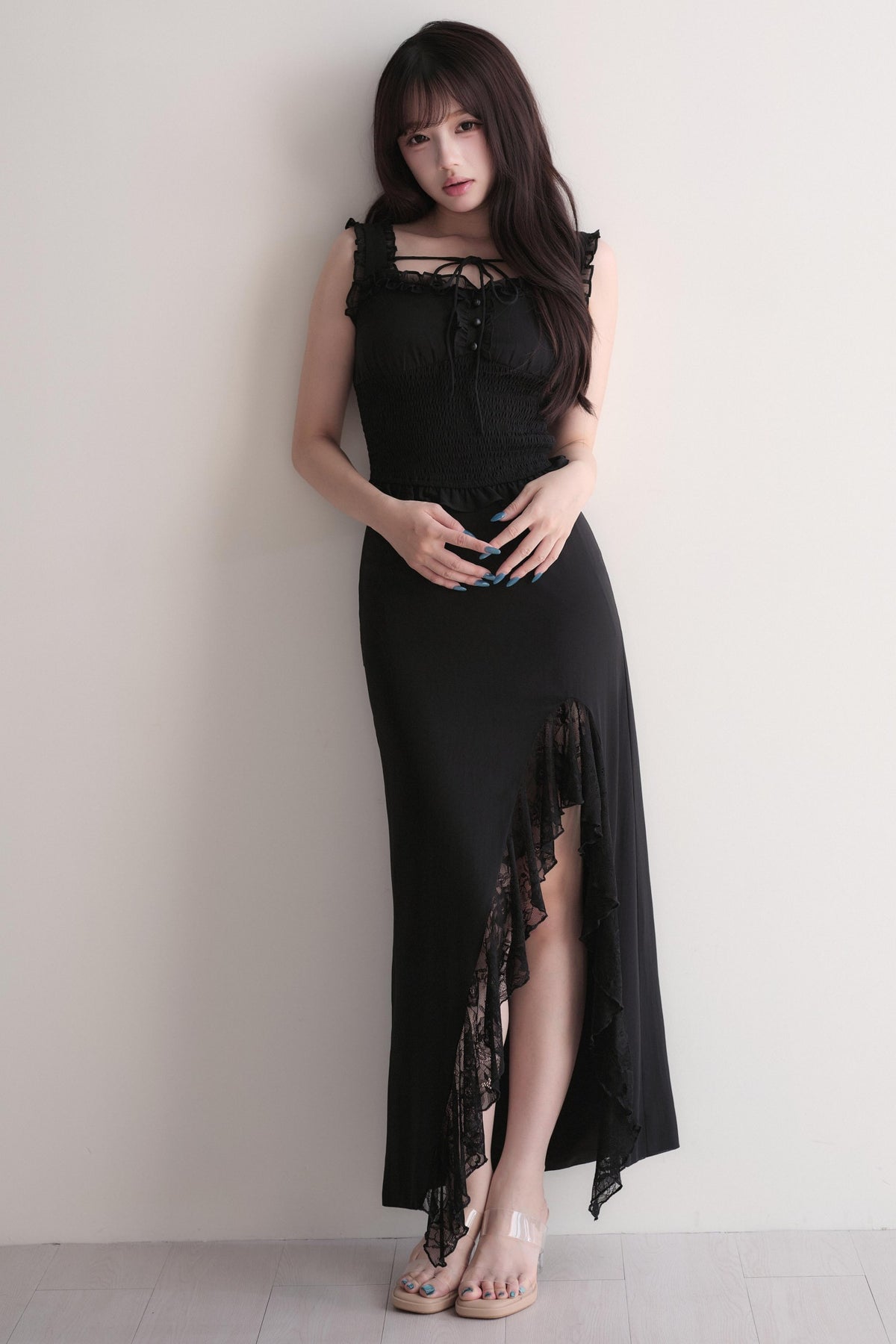 Elegant Ruffle Top & Lace Slit Skirt Set