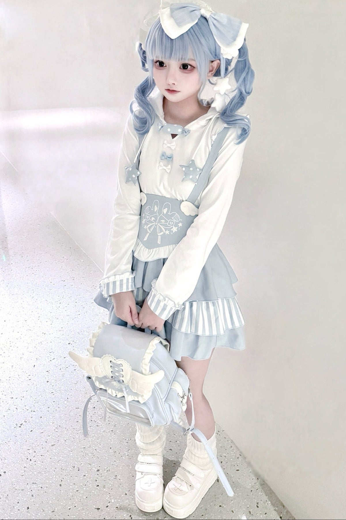 Bunny Ear Hooded Sweatshirt Suspender Skirt With Top Set-Up