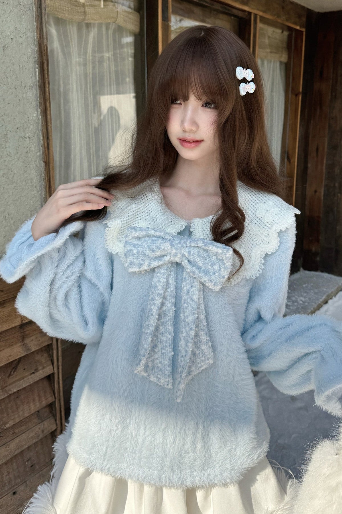 Blue Sky Star Fluffy Knit Top and Skirt Set