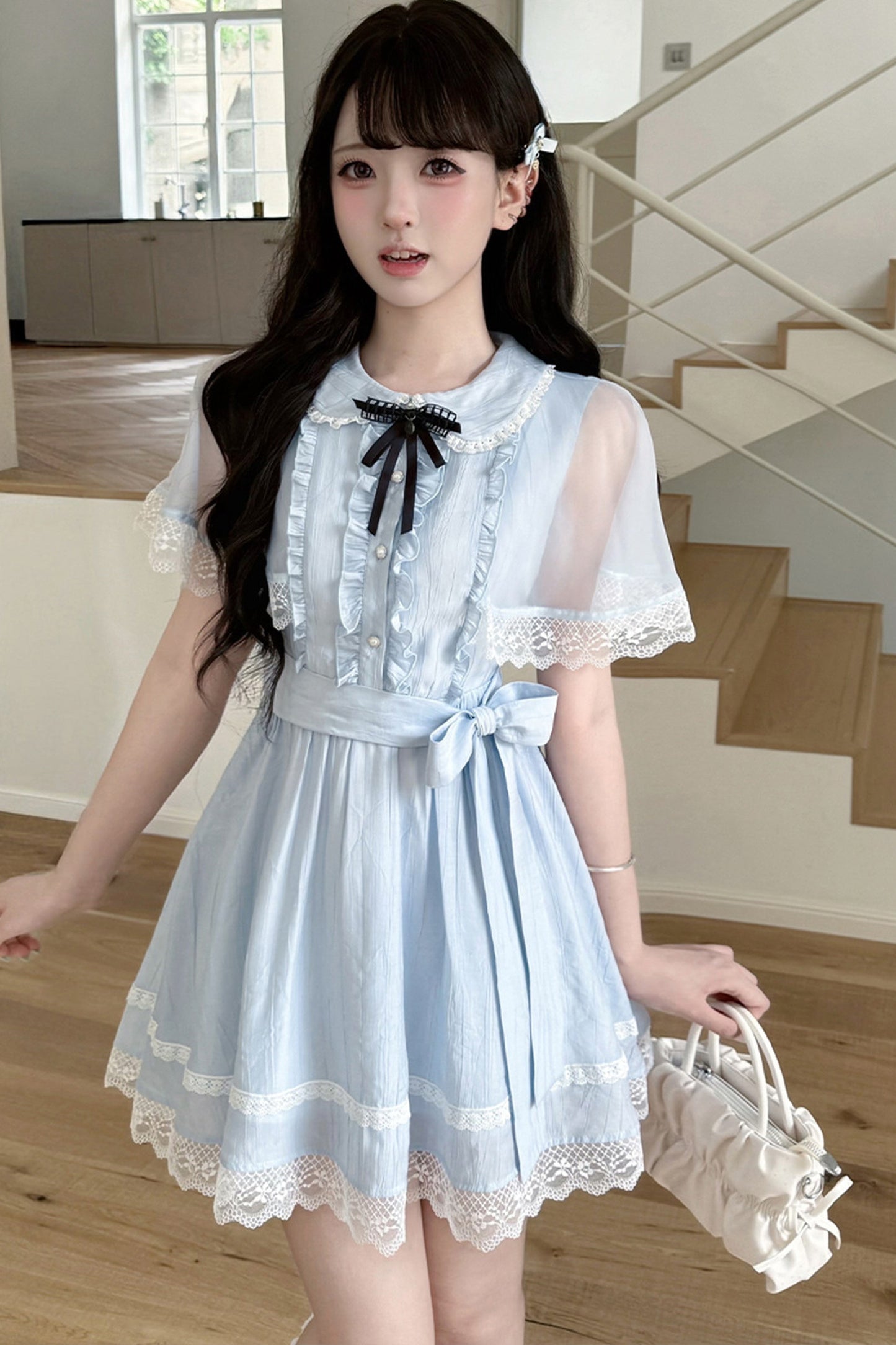 Sheer Cape Lace Waist-Cinching Blue Dress