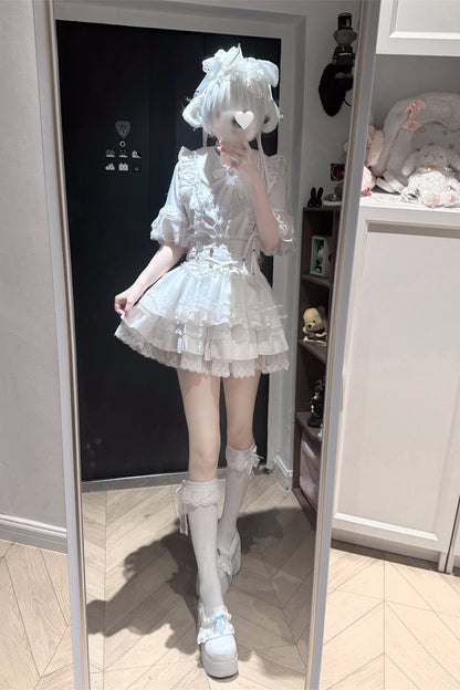 Cherry Short-Sleeved Lace Collar Shirt and Skirt Set-Up