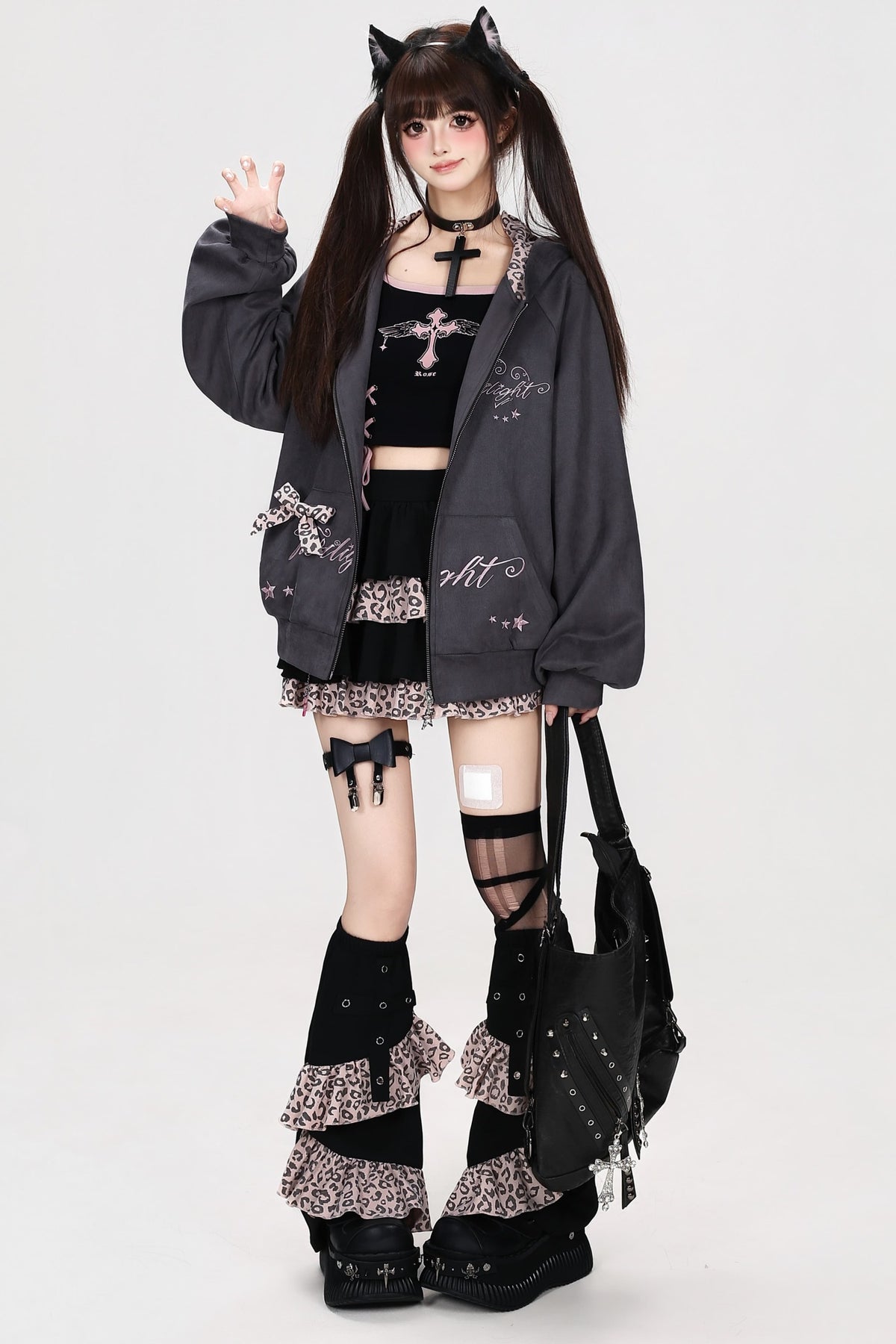 Leopard Musical Note Embroidery Hooded Jacket
