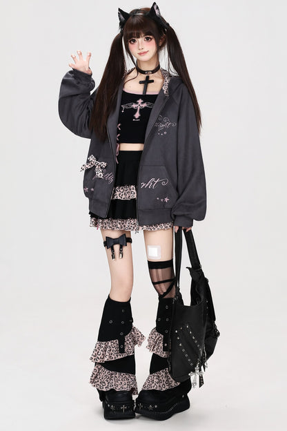 Leopard Musical Note Embroidery Hooded Jacket
