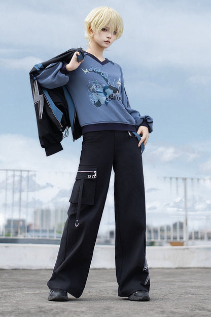 Schwarz-blaues Colorblock-Workwear-Jacken-Sweatshirt und weite Hose im Set